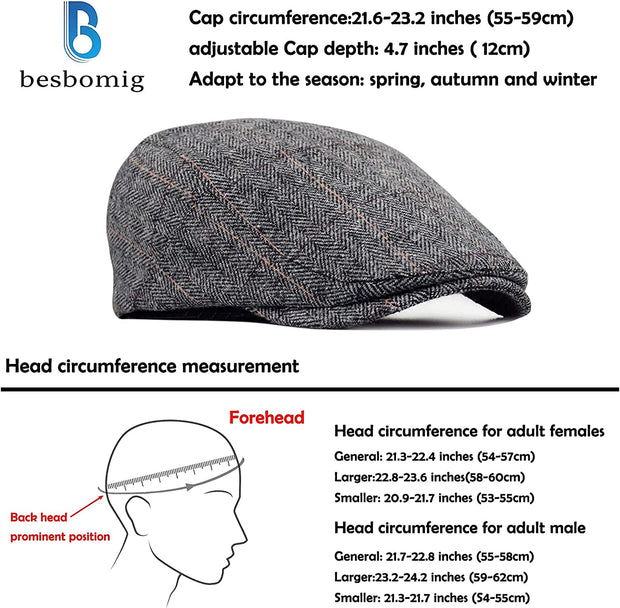 Mens Tweed Flat Cap Driving Hat Newsboy Cap - Adjustable Fashion Newsboy Irish Beret Hat, Autumn Winter, 55-59CM