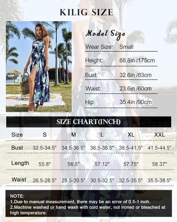 Maxi Dresses for Women UK Summer Dress Halter Neck Wedding Guest Elegant Long Dress Floral Beach Sundress