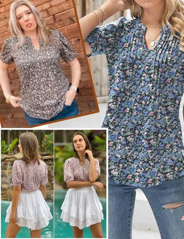 Womens V Neck Tops Puff Short Sleeve T-Shirt Pleated Floral Printed Tunic Blouse Shirts