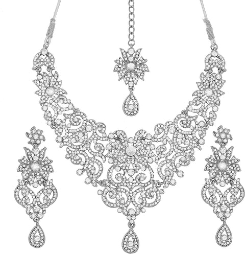 Indian Bollywood Traditional Royal Look Attractive Filigree Carving Rhinestone Grand Bridal Designer Jewelry Necklace Set for Women