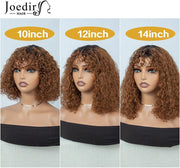 Short Curly Bob Wig with Bangs Human Hair for Black Women Ombre Brown 10 Inch Water Wave Bob Wig 150% Density Glueless Wig (Color: TT1B/30)