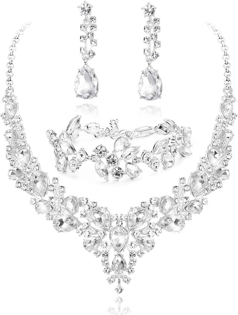 Crystal Bridal Jewelry Set for Women Rhinestone Necklace Earrings Bracelet Wedding Bridesmaid Gifts Fit with Wedding Dress