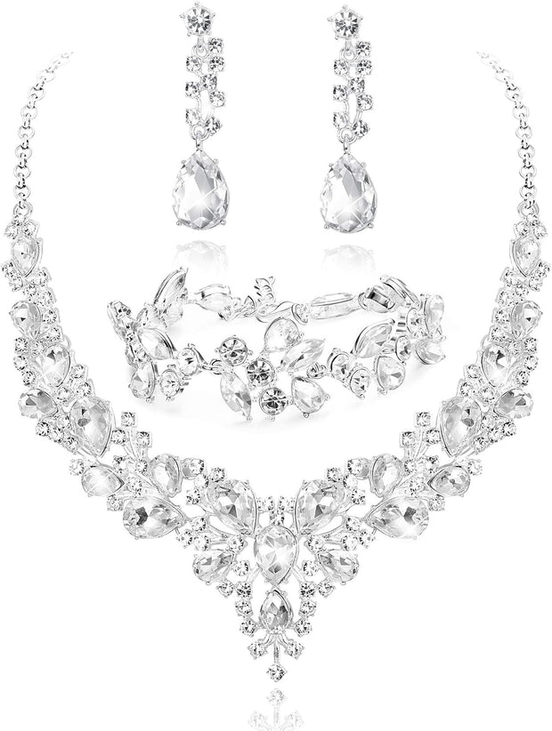 Crystal Bridal Jewelry Set for Women Rhinestone Necklace Earrings Bracelet Wedding Bridesmaid Gifts Fit with Wedding Dress