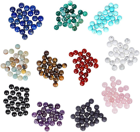 387PCS Lava Stone Beads Kits, 8Mm round Gemstone Beads Box Set with Natural Loose Beads, Alloy Spacer Beads, Roll Crystal Strings and Scissors for Bracelet Necklace Earrings Making