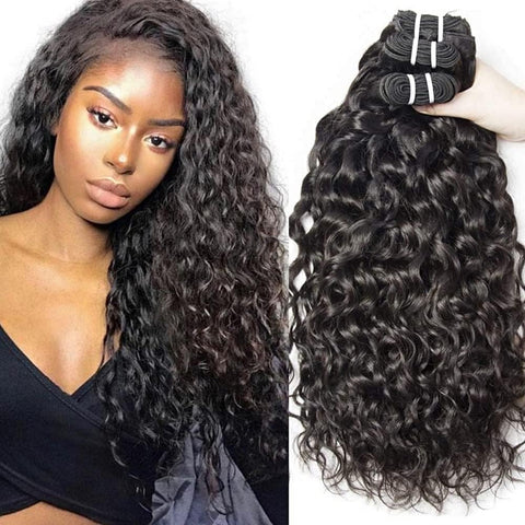 Water Wave Human Hair Bundles with Closure Brazilian Hair Bundles with Closure 3 Bundles Human Hair Weaving Double Weft Wet and Wavy Remy Human Hair Bundles with Closure Natural Black 14 16 18+14 Inch