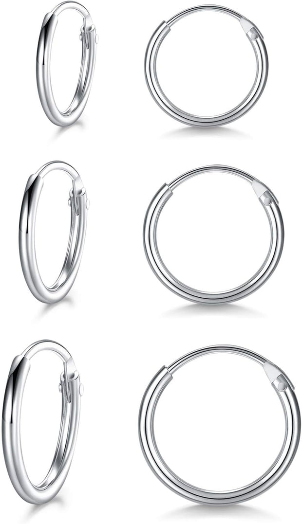 3 Pairs Silver Hoops Earrings for Women S925 Sterling Silver Small Hypoallergenic Earrings Set Cartilage Nose Lip Rings for Men Girls, 8/10/12Mm