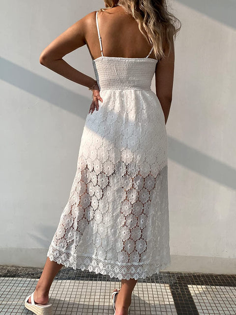 Summer Women Slip Ruching Smocking Jumpsuit Dress V Neck Speghetti Straps Backless Maxi High Low