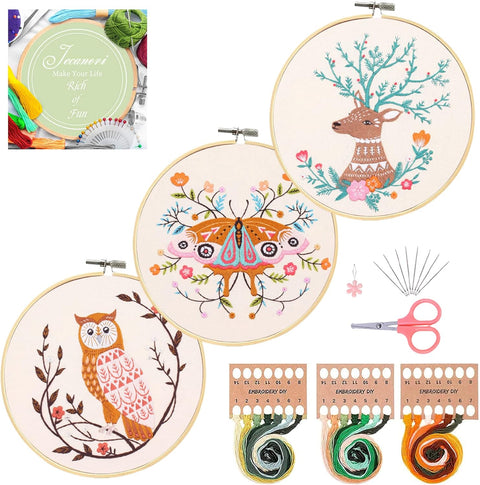 Embroidery Starter Kit, 3 Pack Cross Stitch Kit with Floral or Plant Pattern and Instructions, Full Range of Embroidery Kits, Embroidery Hoops, Color Threads and Tool