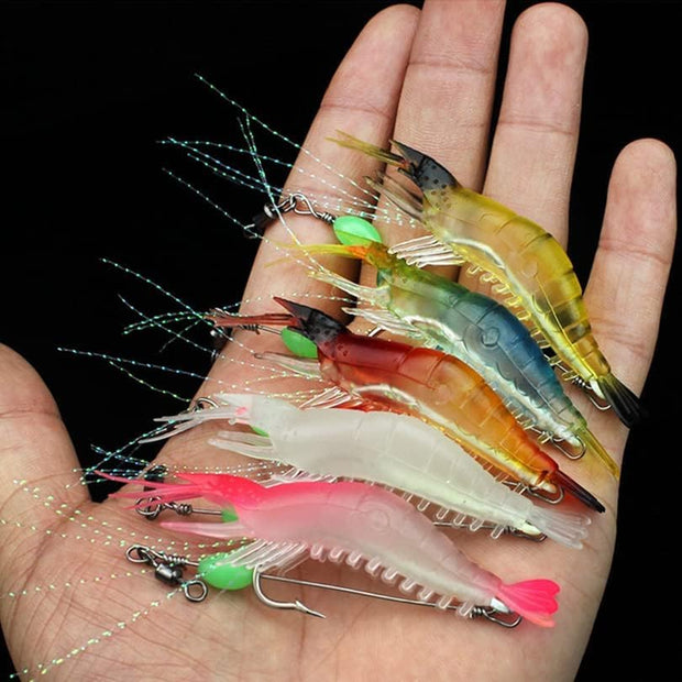 5Pcs Soft Luminous Shrimp Lure Set, 5 Colors Shrimp Bait Shrimp Lures Fishing Kit Fishing Bait with Hooks Beads Fishing Tackles for Freshwater Saltwater Bass Trout Catfish Salmon