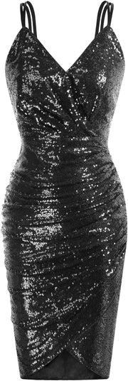 Women Sequined Velvet Spaghetti Dress V-Neck Bodycon Mini Wrapped Dance Party Cami Dress