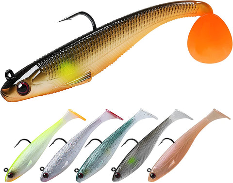 Soft Fishing Lures for Bass Pike Trout Perch, Pre-Rigged Jigs Head Sea Fishing Lures with Ultra-Sharp BKK/VMC Hooks, Plastic Artificial Swimbaits, Fishing Tackle for Saltwater & Freshwater