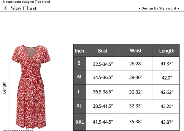 Women'S Summer Dress Short Sleeve V-Neck Sundress Floral Wrap Waist Casual Dress with Pockets