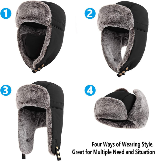 Winter Bomber Hats, Faux Fur Warme Hats Windproof Trooper Trapper Hat Aviator Caps with Ear Flap and Windproof Mask for Skating, Skiing, Hunting or Daily Use Black