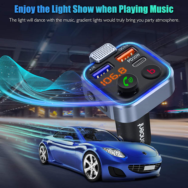 Car FM Transmitter, Wireless Bluetooth 5.0 Radio Adapter Car Kit, PD3.0 Type C 20W+QC3.0 Car Fast Charger, Hands Free Calling, Bass Lossless Hi-Fi Sound Support U Disk