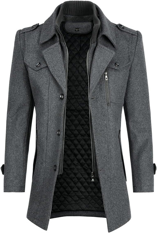 Mens Wool Coats Regular Fit Military Winter Trench Coat Hip-Length Thick Casual Peacoat