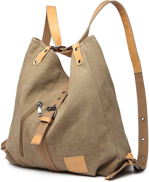 Women Backpack Canvas Shoulder Bag Travel Rucksack Convertible 3 in 1 Crossbody Bag Vintage Schoolbag Girl Fashion Backpack Purse for Women Ladies Handbag Casual College Daypack (Khaki)