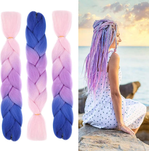 3 Tones Braiding Hair Extension 3 Pcs 24 Inch Ombre Braiding Hair Pretty Quality Synthetic Braid Hair Extensions Box Braids Hair for Women（Blue-Purple-Pink)