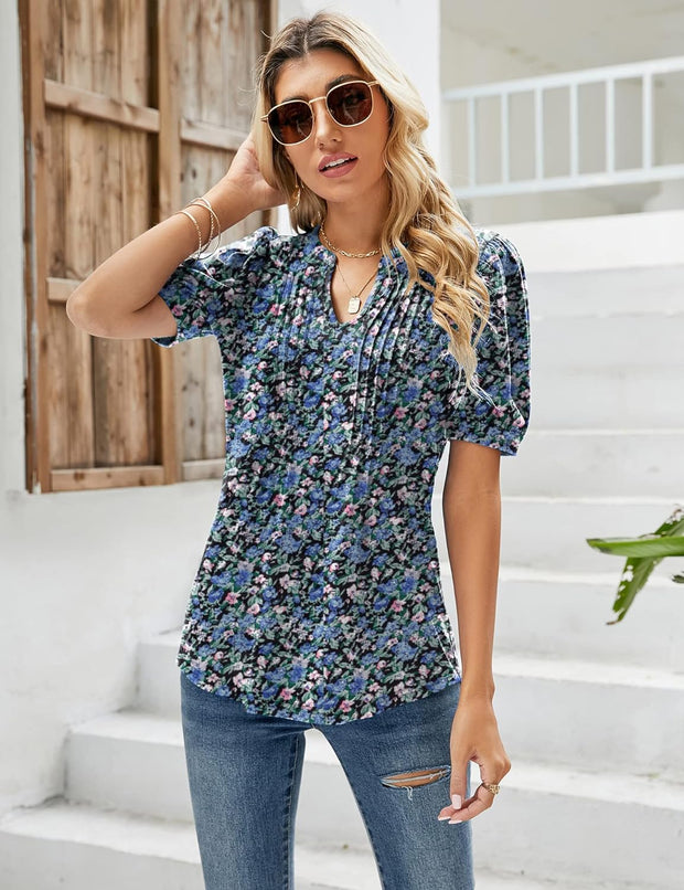 Womens V Neck Tops Puff Short Sleeve T-Shirt Pleated Floral Printed Tunic Blouse Shirts