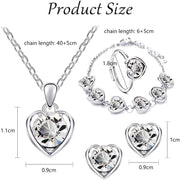 Love Heart Jewellery Set 4 PCS Fashion Heart Necklace Earrings Ring Bracelet Set Bridal Wedding Jewellery Set Rhinestone Set Sparkly Crystal Dangle Drop Set for Women and Girls