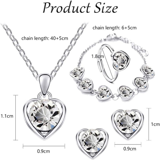 Love Heart Jewellery Set 4 PCS Fashion Heart Necklace Earrings Ring Bracelet Set Bridal Wedding Jewellery Set Rhinestone Set Sparkly Crystal Dangle Drop Set for Women and Girls