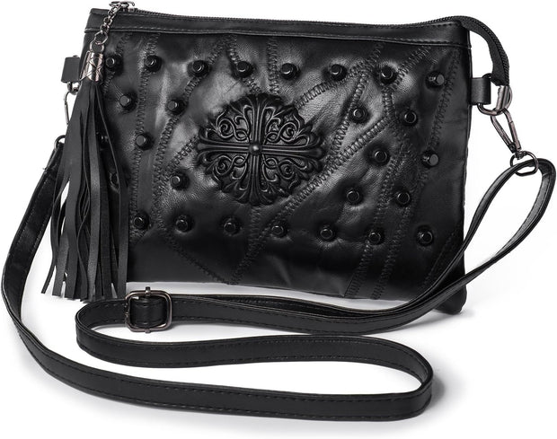 Soft Leather Small Cross Body Bag Shoulder Bag for Women Tassel Rivets Ladies Handbags with Shoulder & Wrist Strap Wristlet Bag Clutch Travel Evening Party Wedding (Black)