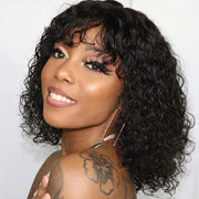 Short Curly Bob Wig with Bangs Human Hair for Black Women Ombre Brown 10 Inch Water Wave Bob Wig 150% Density Glueless Wig (Color: TT1B/30)