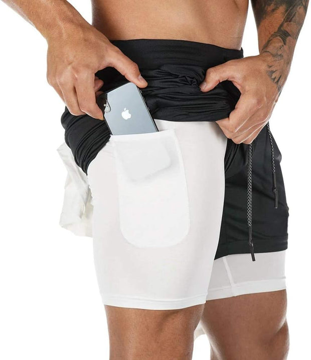 Mens Running Gym 2 in 1 Sports Shorts Breathable Outdoor Workout Training Shorts with Pockets