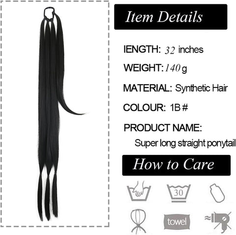 32Inch Long Braid Ponytail Extension Straight Sleek Wrap around Braid Hair Extensions Ponytail Synthetic Hair Pieces for Women Girls (Natural Black)