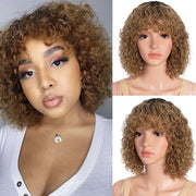 Short Curly Bob Wig with Bangs Human Hair for Black Women Ombre Brown 10 Inch Water Wave Bob Wig 150% Density Glueless Wig (Color: TT1B/30)