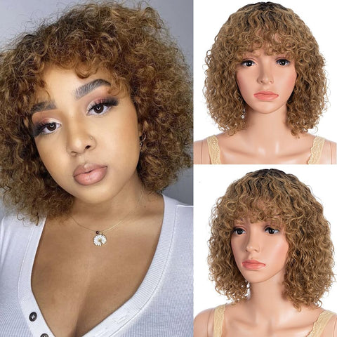 Short Curly Bob Wig with Bangs Human Hair for Black Women Ombre Brown 10 Inch Water Wave Bob Wig 150% Density Glueless Wig (Color: TT1B/30)