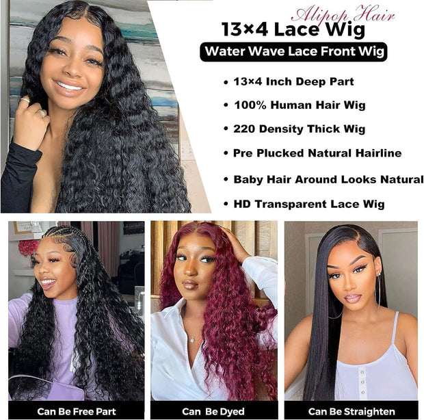 13X4 HD Lace Front Wigs Human Hair,Water Wave Curly Human Hair Wig for Black Women,180 Density Glueless Transparent Lace Frontal Wig Human Hair Pre Plucked,Brazilian Real Virgin Human Hair 16 Inch