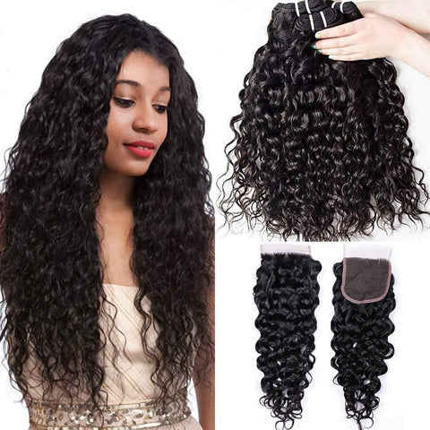 Water Wave Human Hair Bundles with Closure Brazilian Hair Bundles with Closure 3 Bundles Human Hair Weaving Double Weft Wet and Wavy Remy Human Hair Bundles with Closure Natural Black 14 16 18+14 Inch