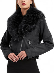 Women Faux Leather Jacket, Winter Fashion Motorcycle Coat with Fur Collar, Moto Biker PU Outerwear