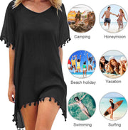 Womens Chiffon Beachwear Tassel Kaftan Beach Dress Loose Bikini Swim Bathing Suit Cover up Black