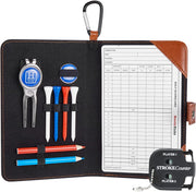 Golf Scorecard Holder N Yardage Book Cover - Divot Repair Tool, Ball Marker, Golf Tees, Scorer, Pencil N Scorecards Included - Gift for Golfers