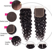 Water Wave Human Hair Bundles with Closure Brazilian Hair Bundles with Closure 3 Bundles Human Hair Weaving Double Weft Wet and Wavy Remy Human Hair Bundles with Closure Natural Black 14 16 18+14 Inch