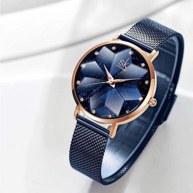 Creative Starry Sky Women Watch with Stainless Steel Mesh Band Genuine Leather Elegant Floral Women Watches