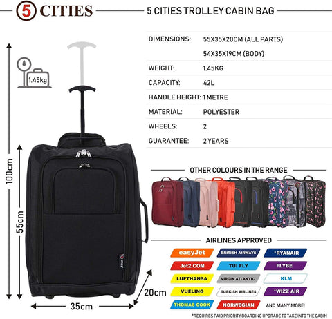 21"/55Cm Carry on Lightweight Travel Cabin Approved Trolley Bag with Wheels Suit Case Hand Luggage with 2 Year Warranty