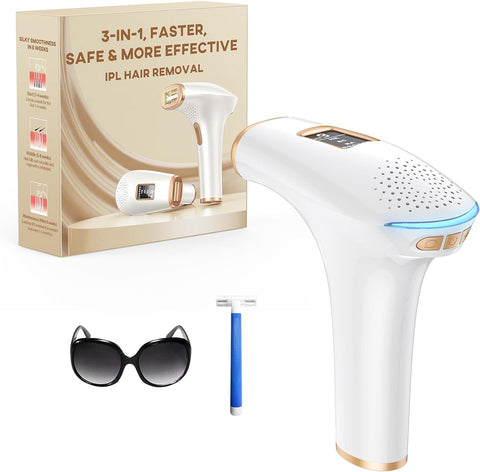 IPL Laser Hair Removal - Faster & Painless & Smooth, 3-In-1 Hair Removal Device with 9 Levels, Max 17.6J, 999,900 Flashes for Whole Body Treatment at Home