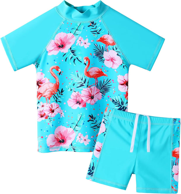 Girls 2PCS Swimsuit Short Sleeve Kids Beachswimming Set Costume for 3-12Years