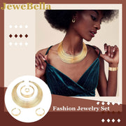 5PCS African National Statement Necklace Women Open Cuff Bracelet African Fashion Chunky Costume Jewelry Set Hoop Earrings Women Rings Gold Bib Choker Statement Necklaces Jewelry