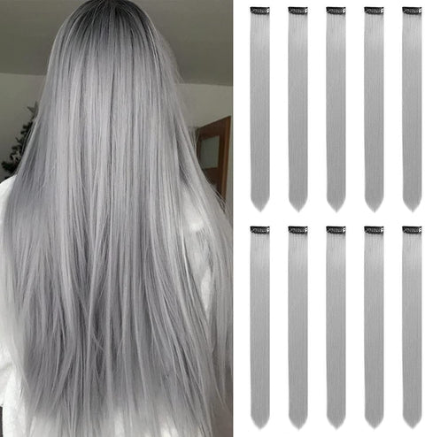 Grey Hair Extensions Clip in for Girls 22 Inch Colorful Straight Hair Extensions for Party Highlights Colored Hair Accessories Hair Pieces for Women（10 PCS Grey）