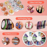 Nail Art Kit Accessories, 15Pcs Nail Art Brushes, Tools, Nail Pen Designing Dotting, Colourful Nail Foil, Stripping Manicure Tape, Rhinestone, Nail Glitter Powder, Nail File, Supplies in Nail Art Set