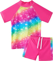 Girls 2PCS Swimsuit Short Sleeve Kids Beachswimming Set Costume for 3-12Years