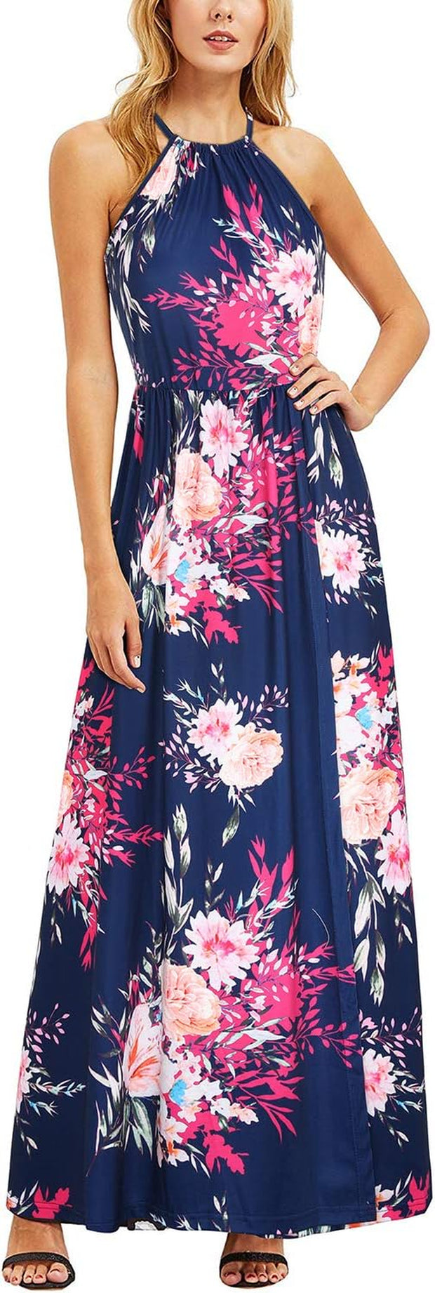 Maxi Dresses for Women UK Summer Dress Halter Neck Wedding Guest Elegant Long Dress Floral Beach Sundress