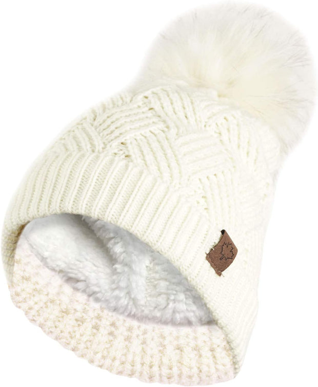 Ladies Warm Chunky Diamond Cable Knit Hat with Thermal Teddy Fleece Lining and Detachable Faux Fur Pompom