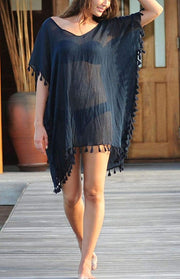 Womens Chiffon Beachwear Tassel Kaftan Beach Dress Loose Bikini Swim Bathing Suit Cover up Black