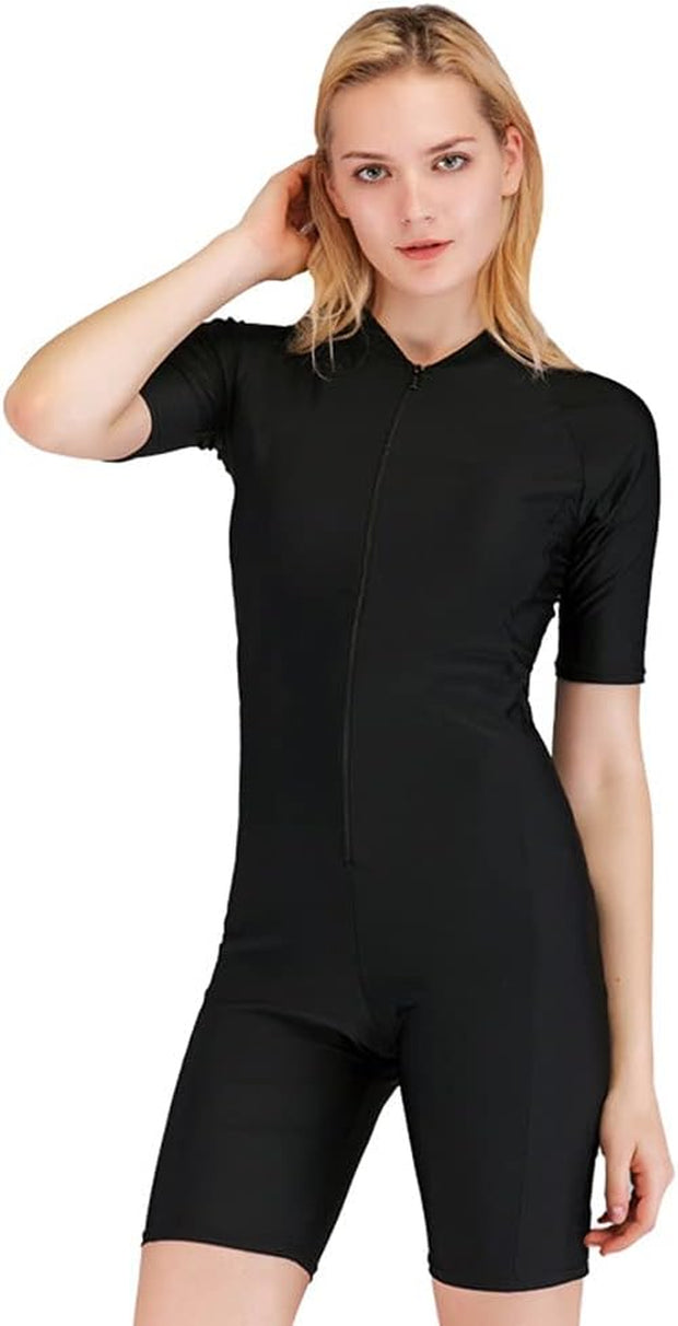 One Piece Swimsuit for Women Girls Short Sleeved Zip Front Rash Guard Surfing Swimsuits Beachwear Modest Swimming Costumes Legsuit Swimwear