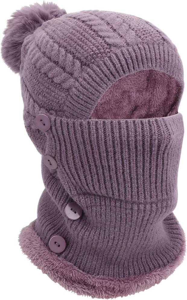 Winter Warm Knitted Cap＆Neck Warmer Sets,Flexible Knit Beanie Hat with Hairball,Soft Thick Fleece Lined,Women Adjustable Face Mask for Outdoor Sports,Winter Gift