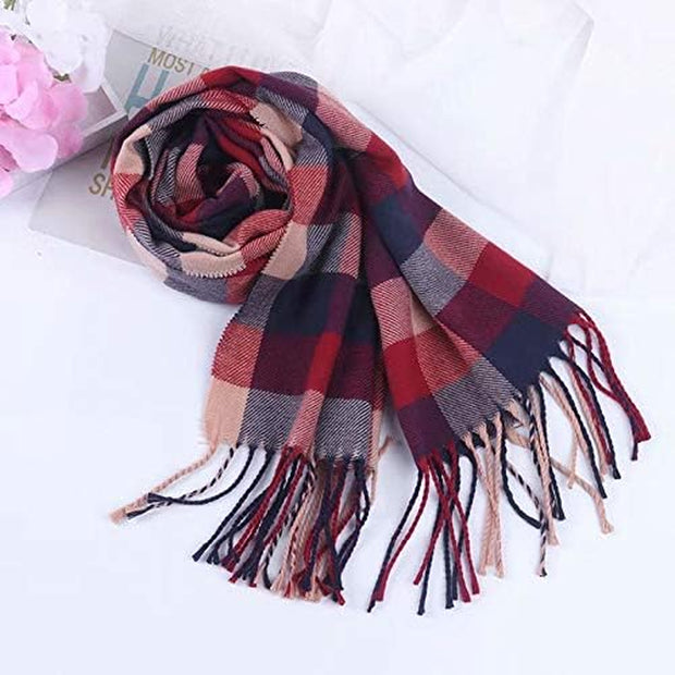 Winter Long Soft Warm Tartan Check Scarves Wraps for Women Wool Spinning Tassel Shawl Long Stole